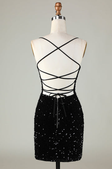 Spaghetti Straps Sequin Bodycon Little Black Dress